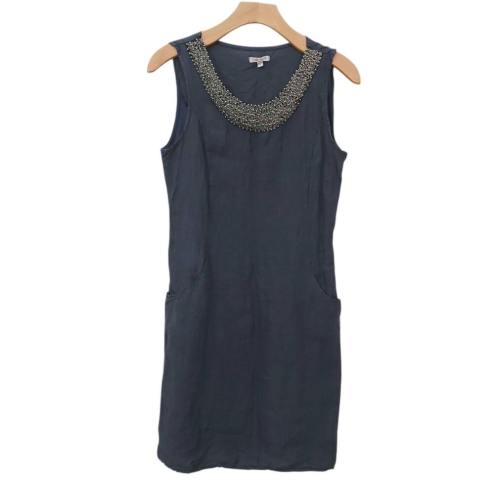 Lina Tomei Linen Mini Dress Womens Small Blue Knit Panels Coastal Lagenlook